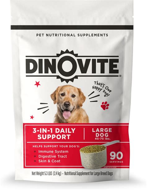 Dinovite composes of ingredients that include vitamins, enzymes, zinc, fatty acids, direct-fed microbials, and trace minerals. . Dinovite for large dogs